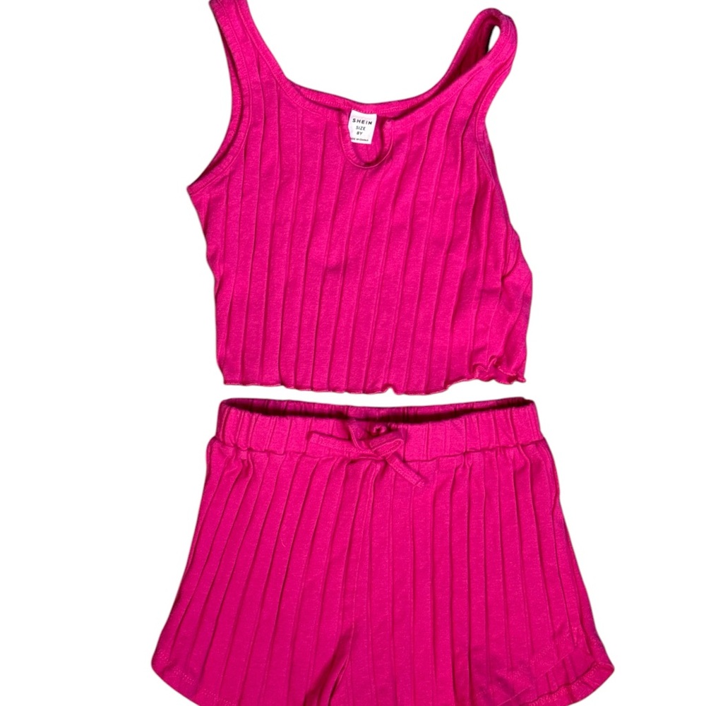 Fusia Pink Knit Ribbed Tank Top and Shorts Set by SHEIN Size 8 Y